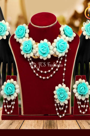 Firozi Color Rose Floral Necklace Set with Adjustable Rope & Earrings