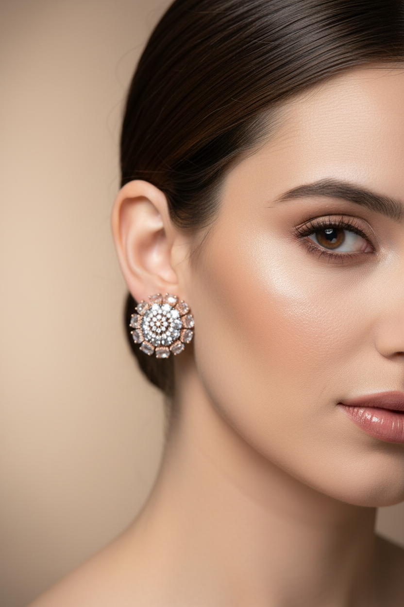 Flower Design Stone Stud Earrings with Elegant Gold Finish