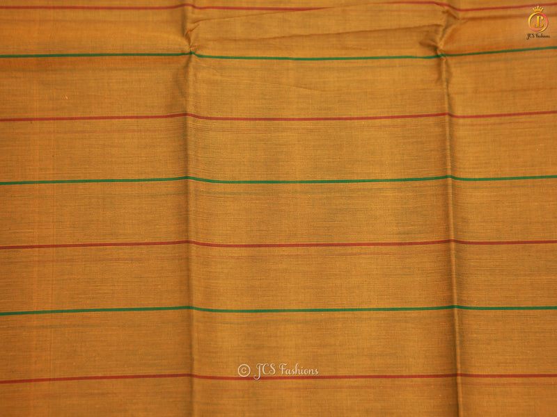 Kanchi Cotton Temple Design Saree with Thread Lines. Mustard Color