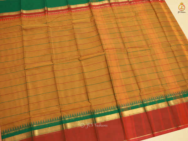 Kanchi Cotton Temple Design Saree with Thread Lines. Mustard Color