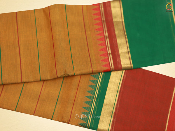 Kanchi Cotton Temple Design Saree with Thread Lines. Mustard Color