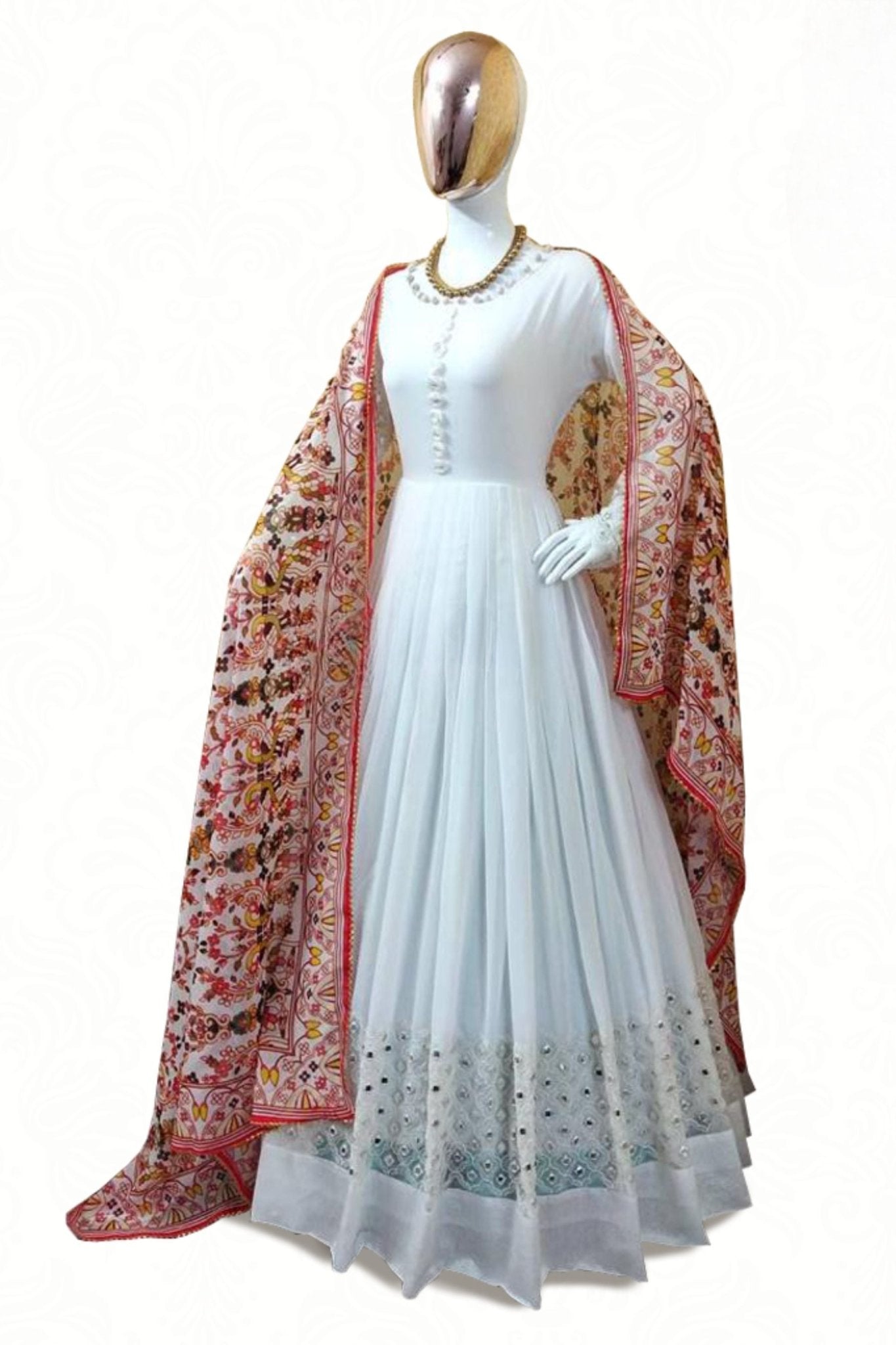 Georgette Gown with heavy embroidery work For Women in White - JCS Fashions
