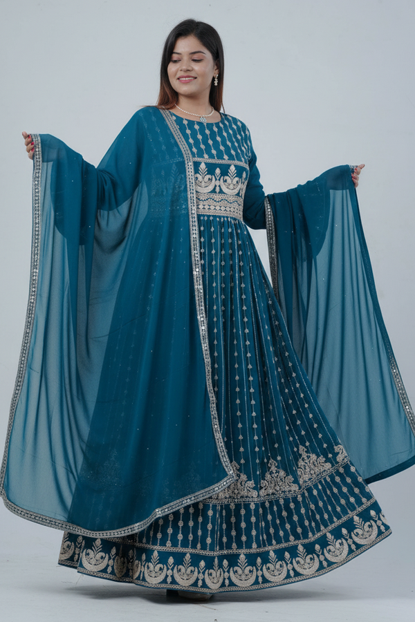 Georgette KURTI Top with Signature Embroidery & Dual Sleeve Design