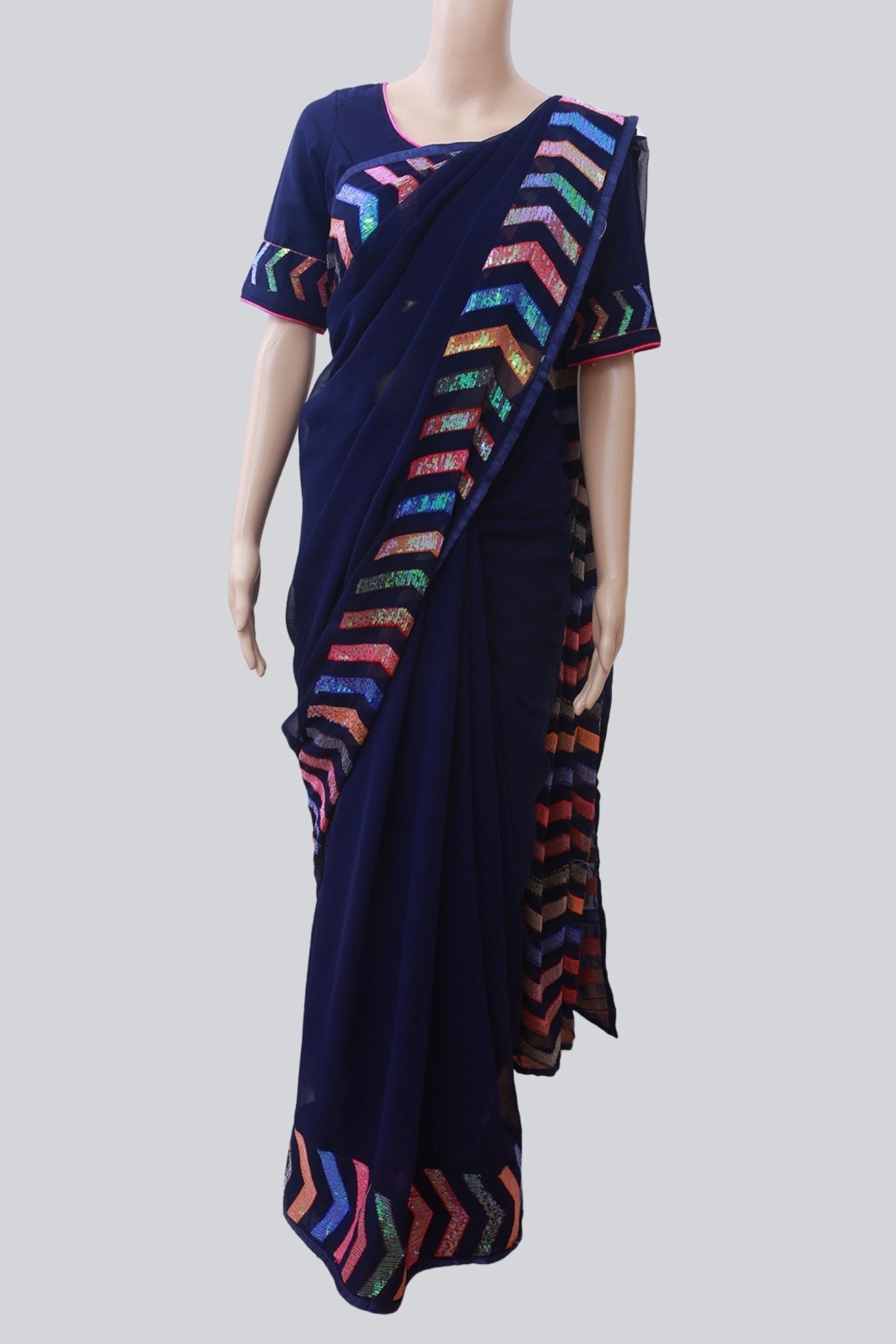 Georgette Saree, Blue Color Flowy And Light Weight - JCS Fashions