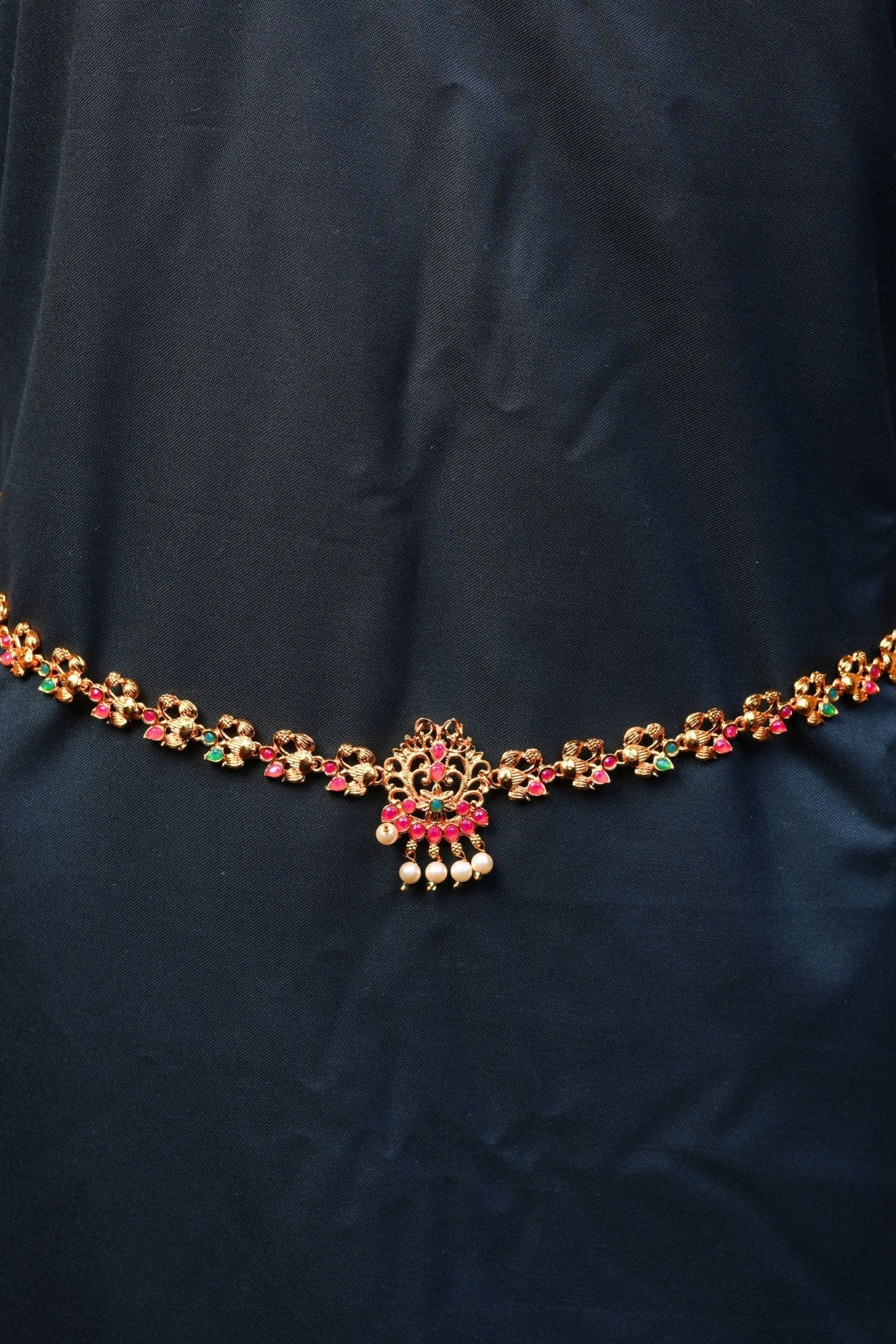 Gilded Elegance: Antique Gold and Pink Stone Hip Chain | JCSFashions Jewelry JCS Fashions