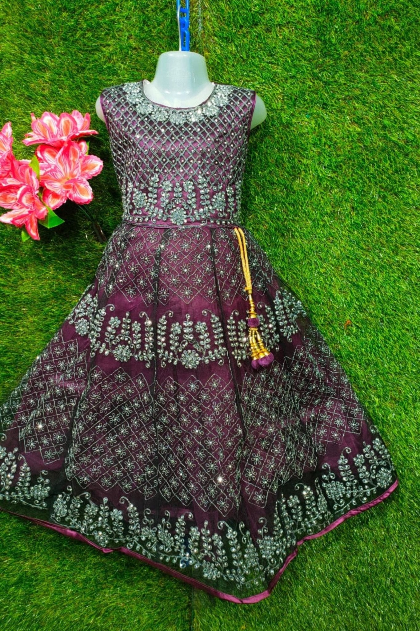 Girls Embroidered Net Frock with Stone Work – Elegant Party Dress GIRLS JCS Fashions Wine 30