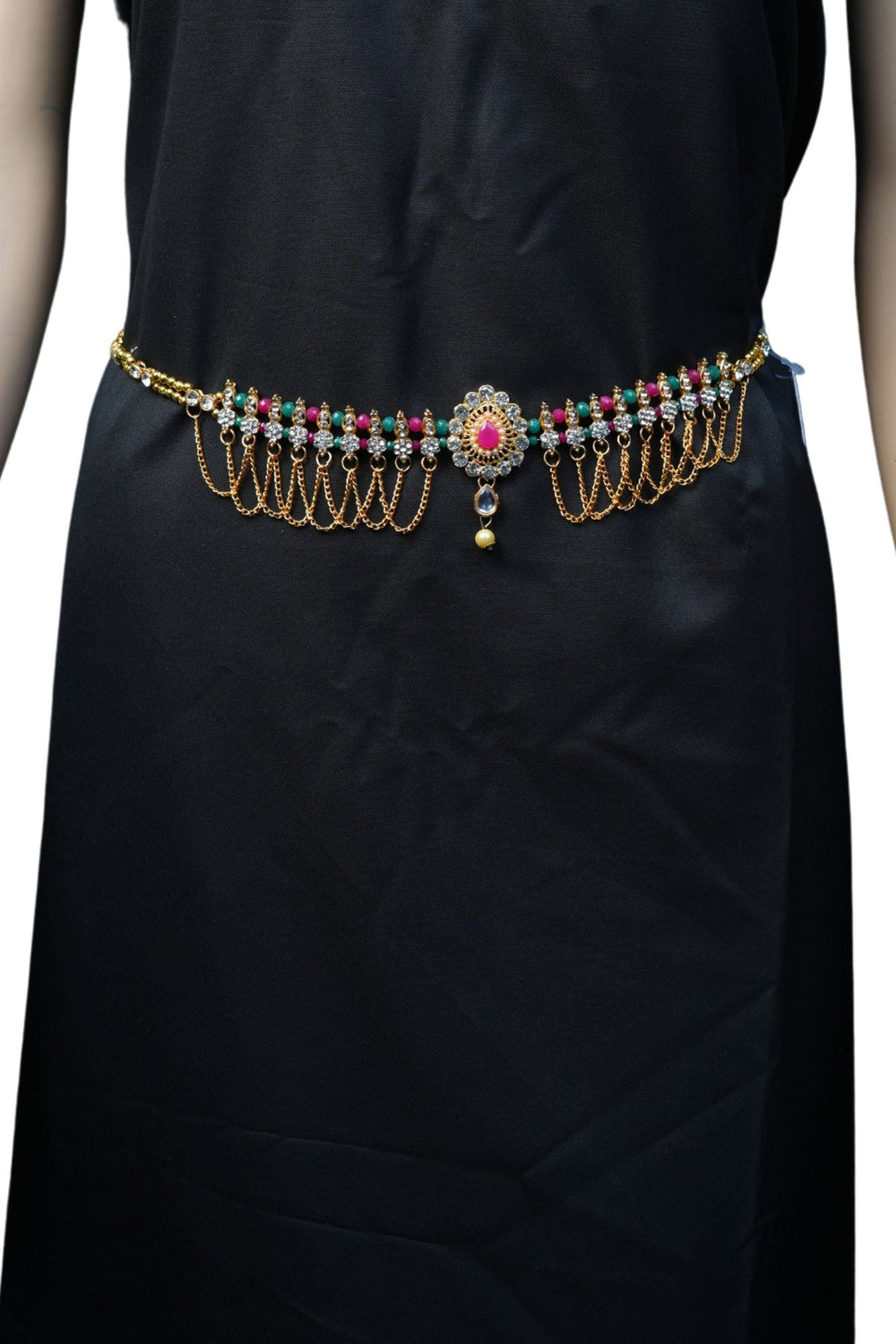 Gold Hip Belt with White Stone, Green and Pink Beads | JCSFashions Jewelry JCS Fashions Gold 38"
