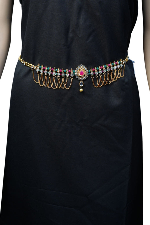 Gold Hip Belt with White Stone, Green and Pink Beads | JCSFashions Jewelry JCS Fashions Gold 38"