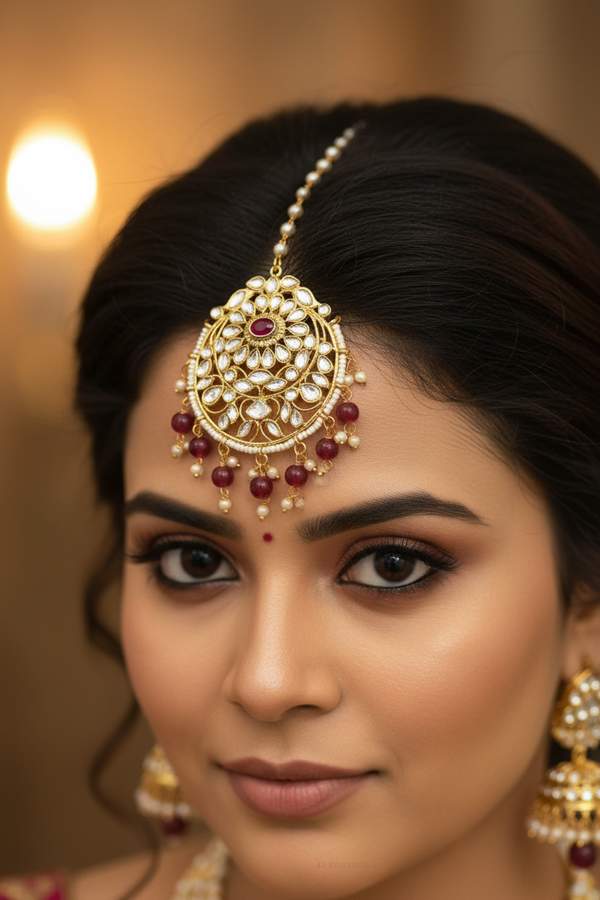 Gold Maang Tikka with Stone Work – Traditional