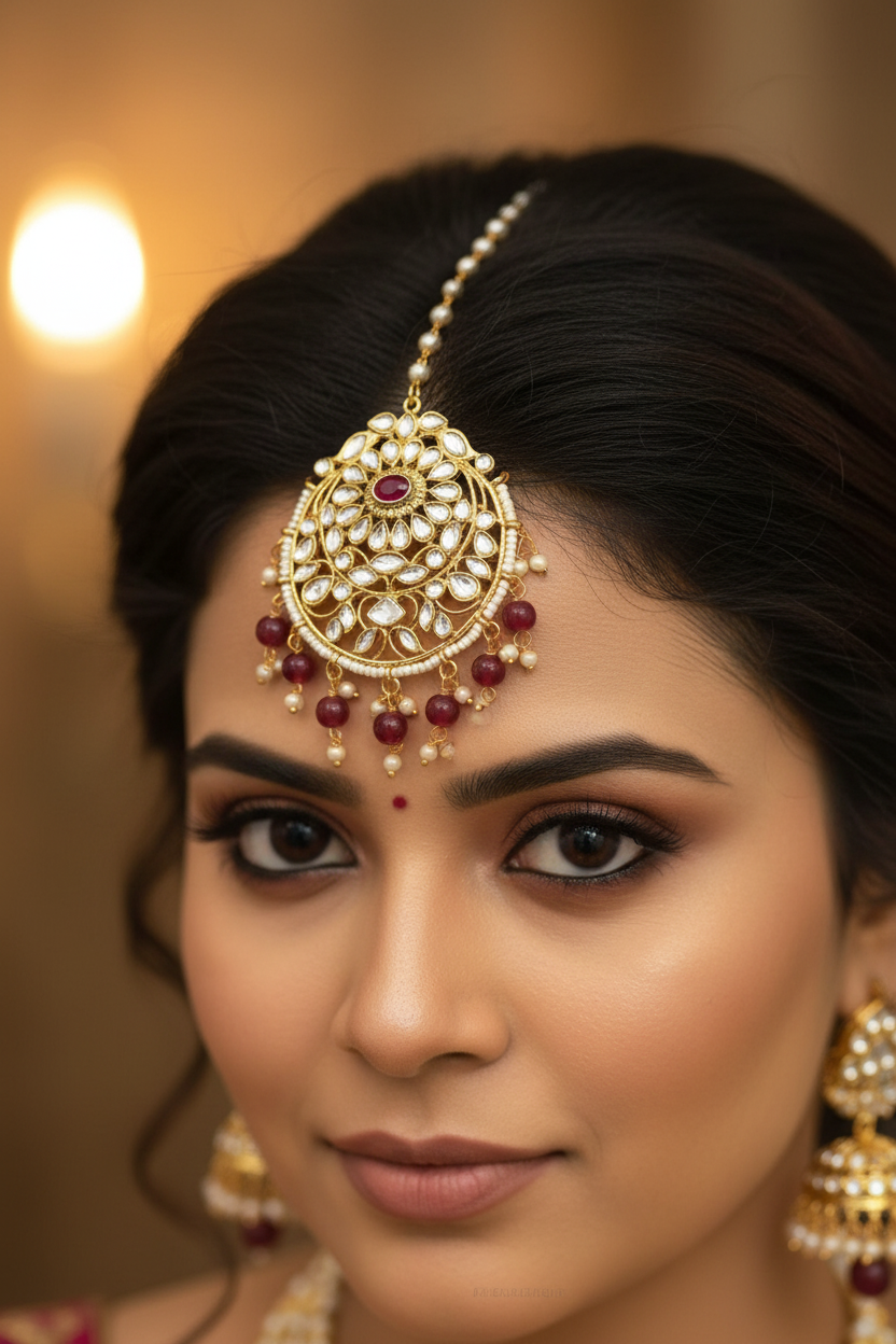 Gold Maang Tikka with Stone Work – Traditional