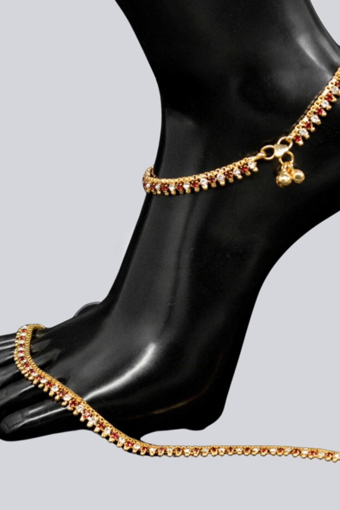 Gold - Plated Anklet with Red and White Stones - Elegant Glamour - JCS Fashions