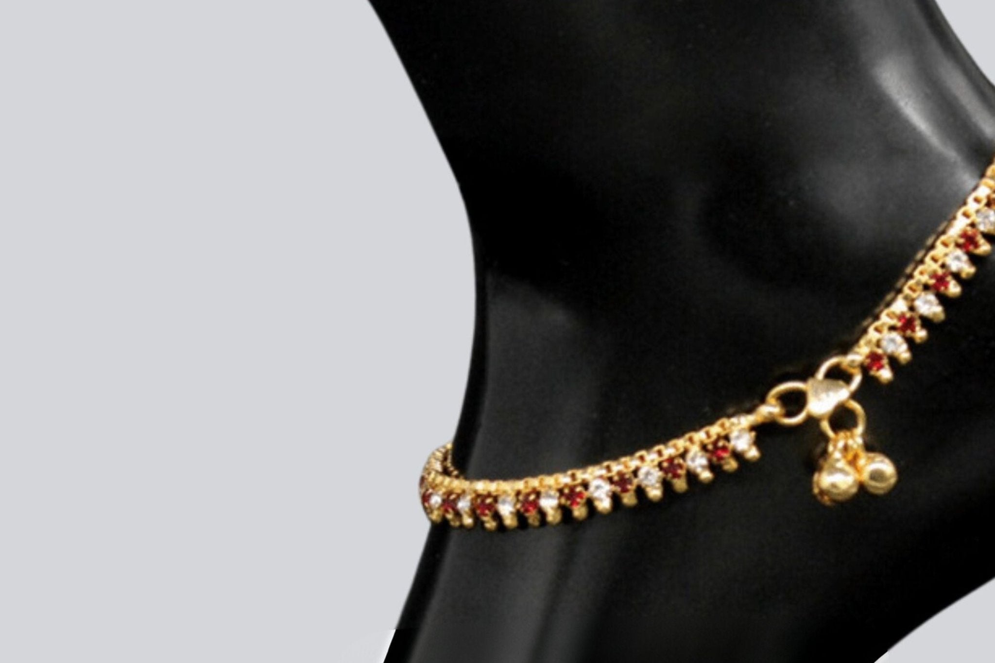 Gold - Plated Anklet with Red and White Stones - Elegant Glamour - JCS Fashions