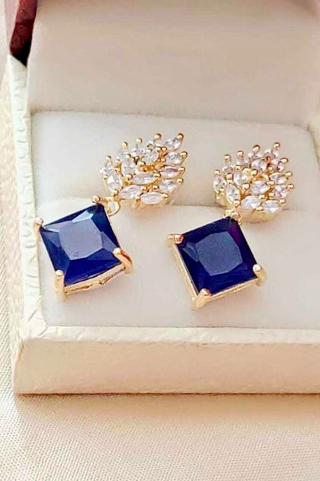 Gold-Plated Shimmering Elegance Earrings With Cubic Zirconia Stones Jewelry JCS Fashions Blue 1 inch