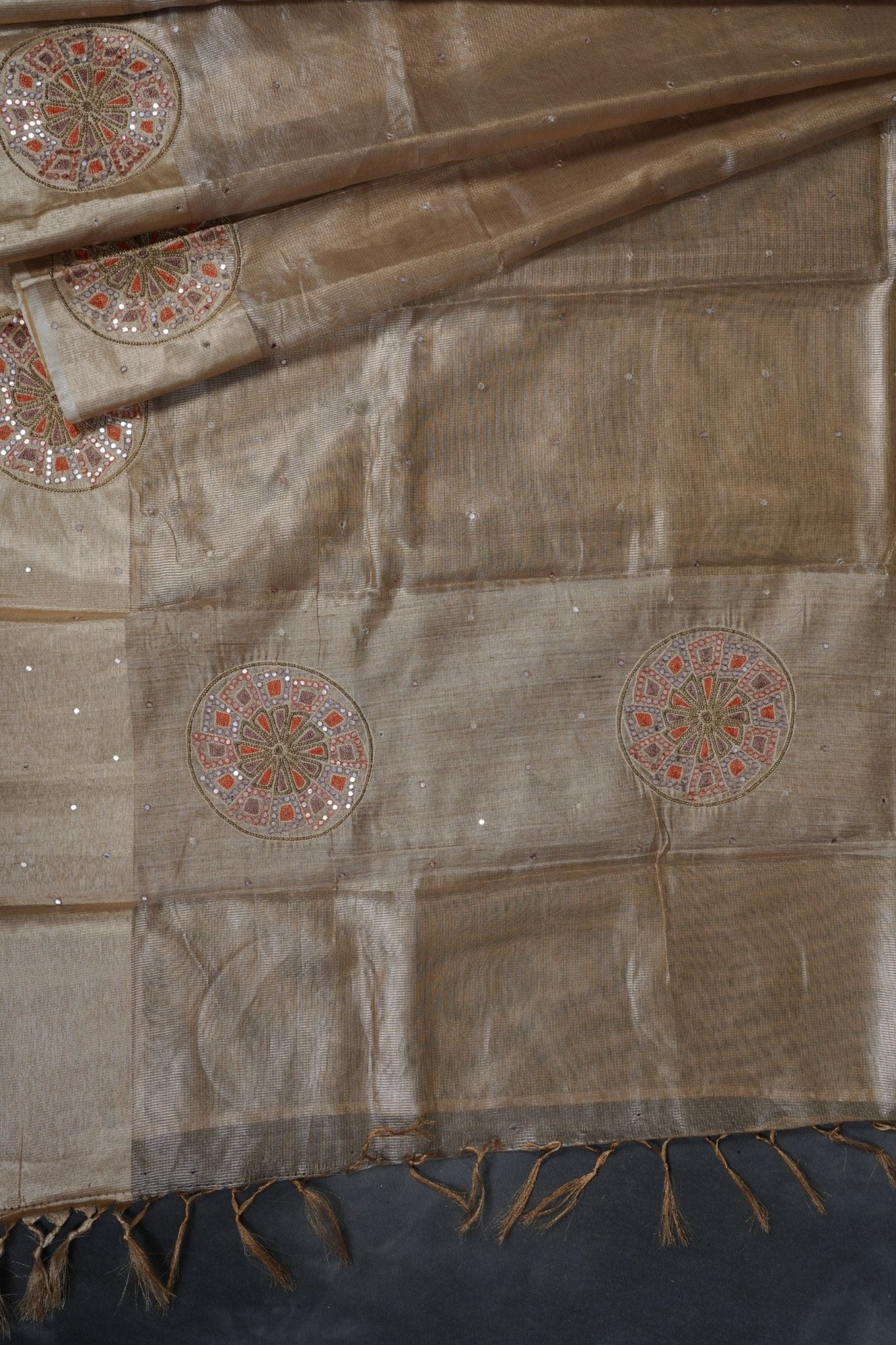 Gold Tissue Silk Sarees with Hand Embroidery and Maggam Work Blouse SAREE JCS Fashions