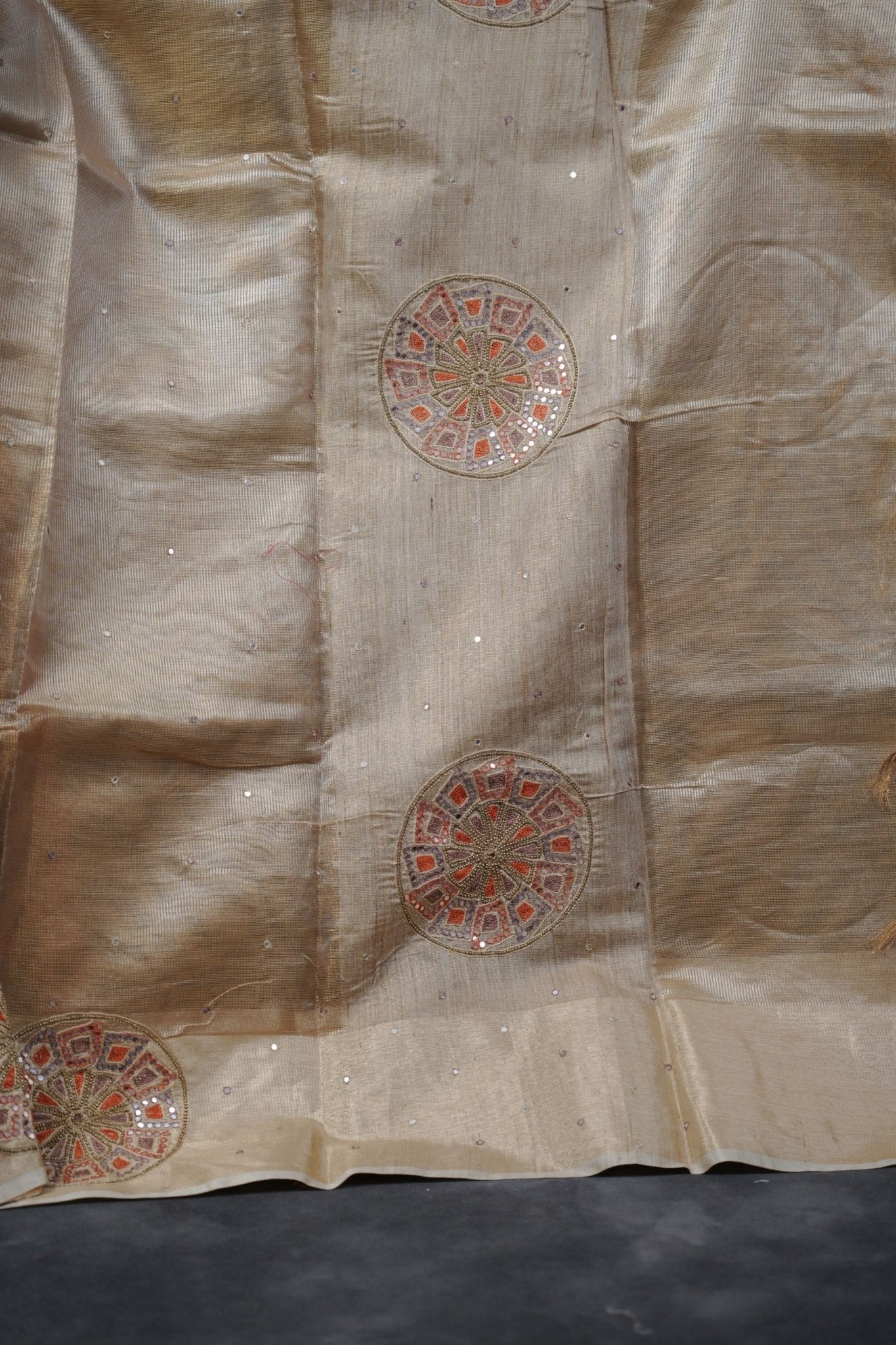 Gold Tissue Silk Sarees with Hand Embroidery and Maggam Work Blouse SAREE JCS Fashions
