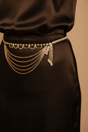 Golden Elegance: Multi-Layer Stone Hip Chain with White Stones
