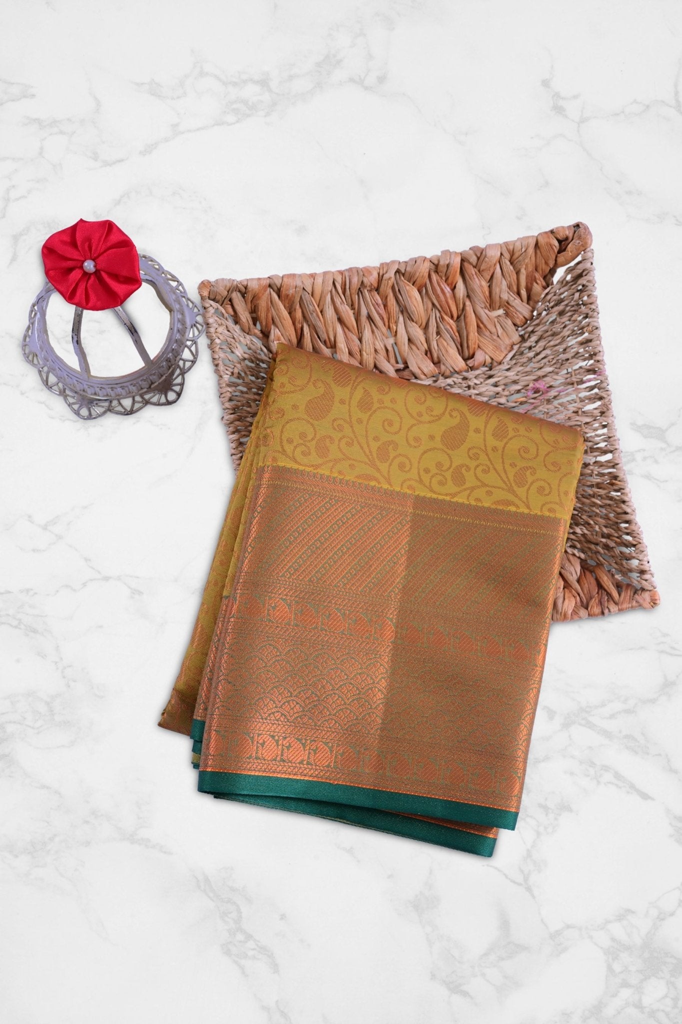 Golden Zari Semi Silk Saree with Grand Pallu & Mango Motifs with Shine Saree JCS Fashions Mehendi Green 5.5 meters