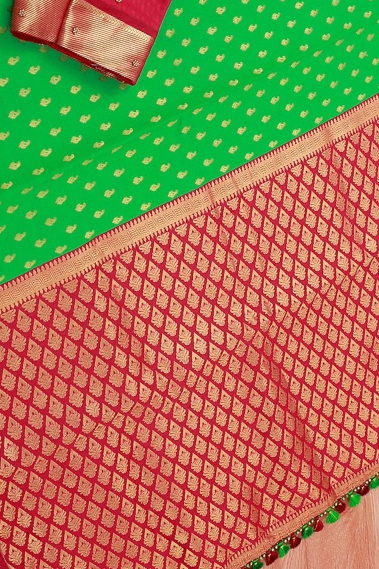 Green Korvai Buttis Semi Silk Saree: Designer Tassels, Maggam Work Blouse SAREE JCS Fashions