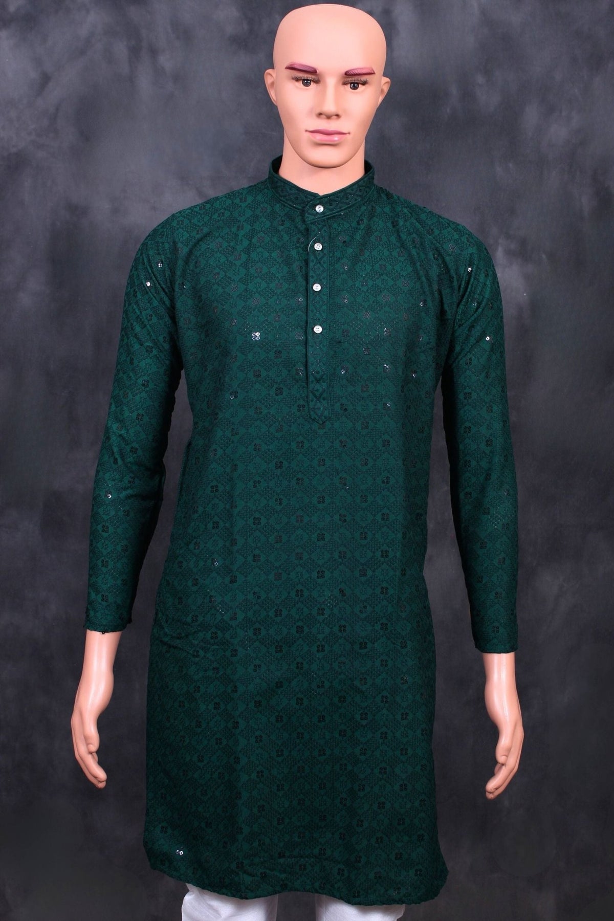 Hand-Embroidered Men's Lakhnavi Kurta with Sequin Details Men JCS Fashions Dark Green Large (40)