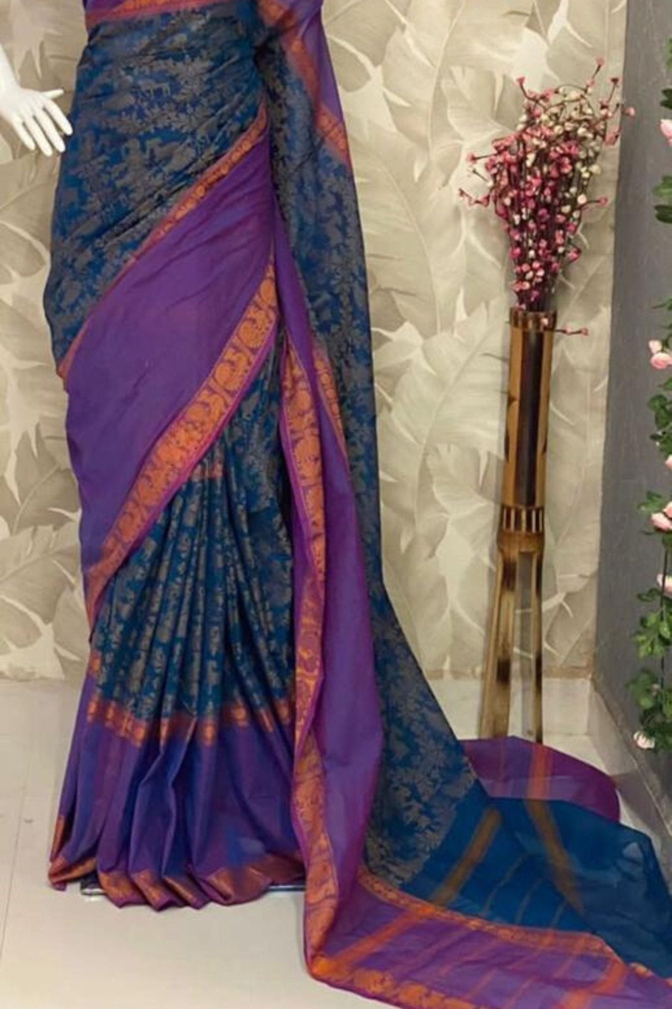 Handloom Kanchi Cotton Saree in Teal & Purple - Running Blouse Included SAREE JCS Fashions
