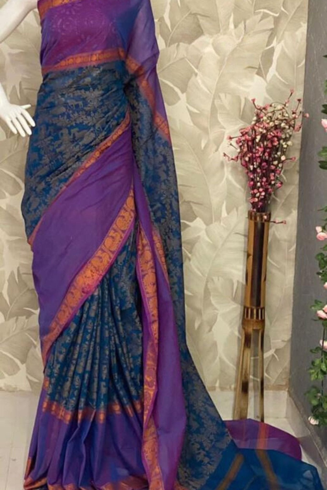 Handloom Kanchi Cotton Saree in Teal & Purple - Running Blouse Included SAREE JCS Fashions Teal & Purple 5.5 Meters