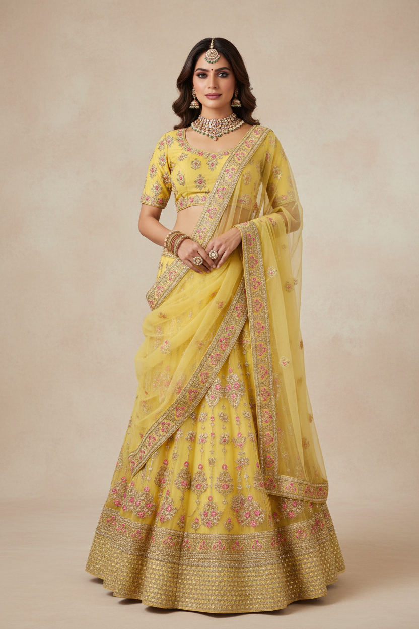 Yellow Designer Lehenga - Embroidery & Stone Work