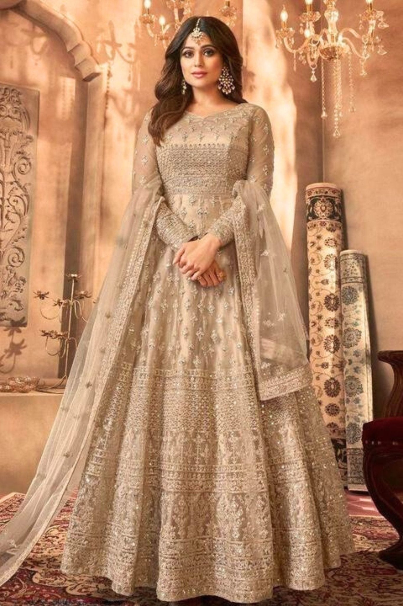 Heavy Embroidery and Sequins work Floor Length Kurti in Beige - JCS Fashions