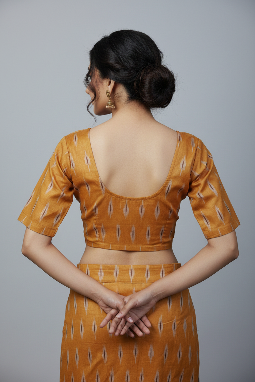 Orange Pure Cotton Ikkat Blouse - Designer