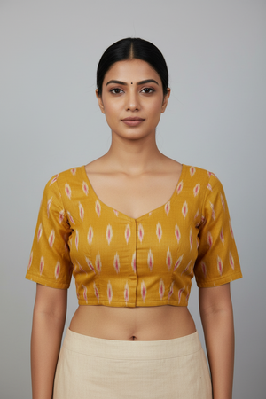 Orange Pure Cotton Ikkat Blouse - Designer