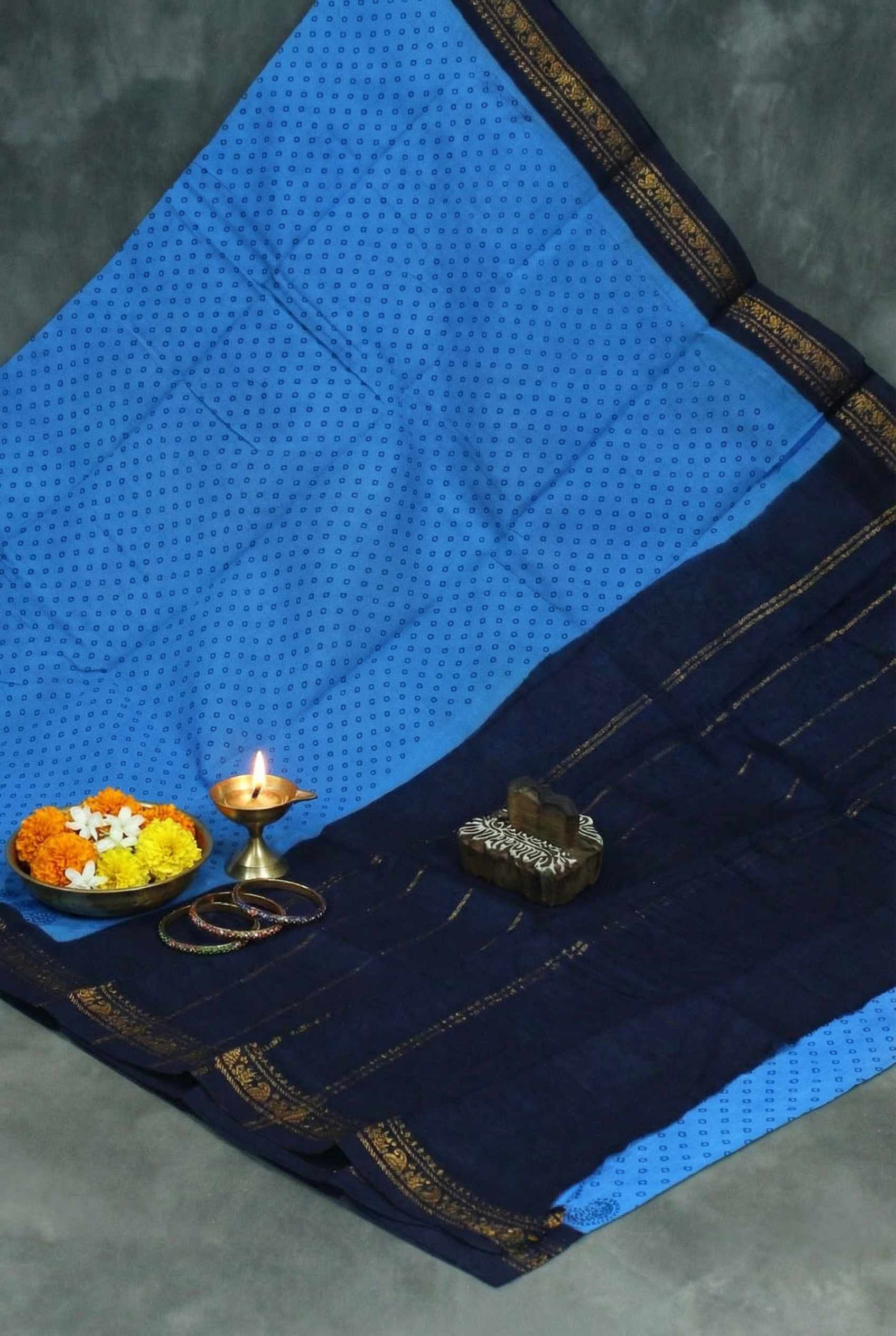 Blue Poly Cotton Printed Saree with Navy Golden Border - 5.5m