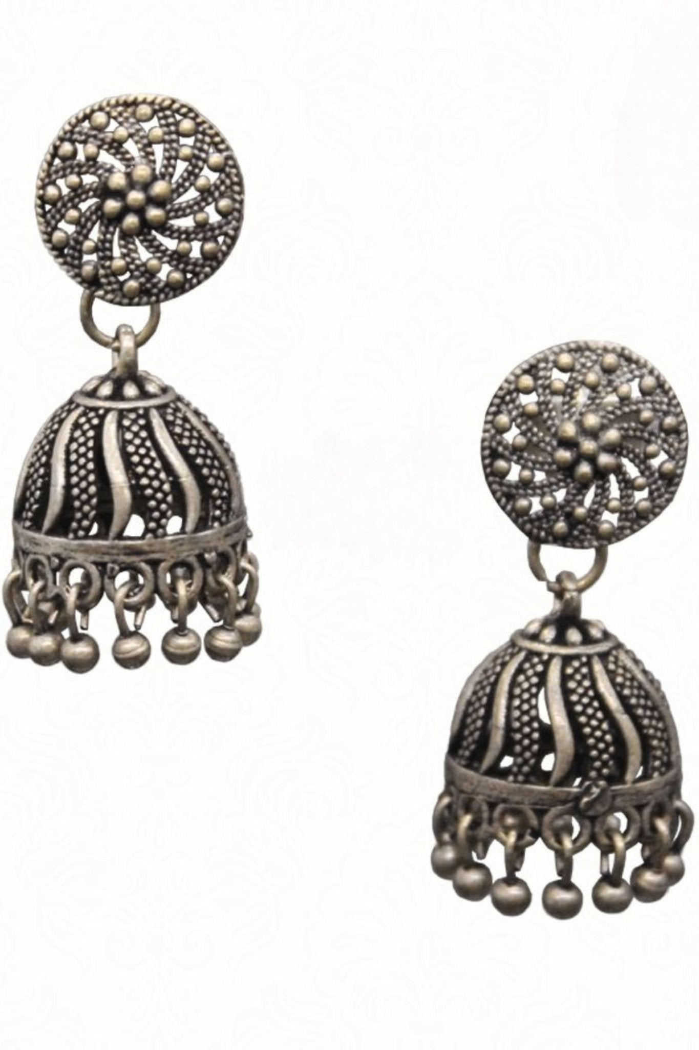 Intricate Delights Artisan Made Oxidized Silver Plated Jhumka Earrings - JCS Fashions