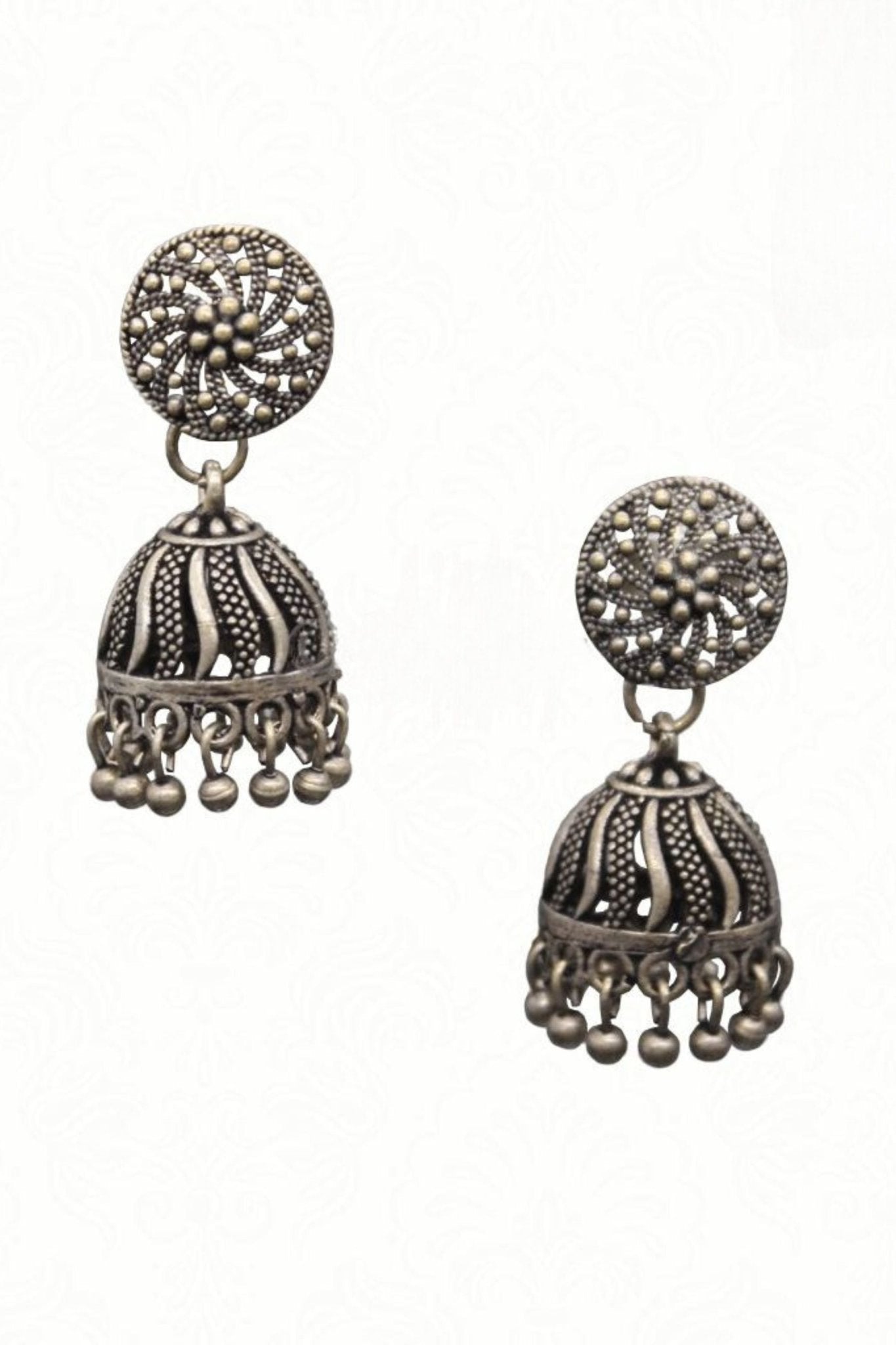Intricate Delights Artisan Made Oxidized Silver Plated Jhumka Earrings - JCS Fashions