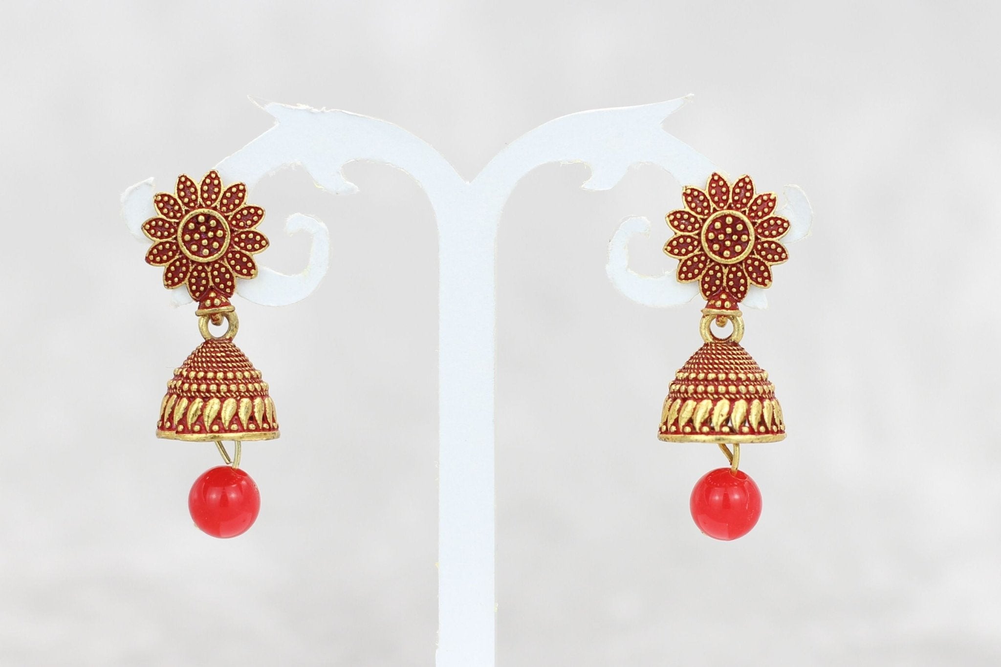 JCS Ethnic-Western Fusion Small Jhumkis: Radiant Gold-Plated Earrings Jewelry JCS Fashions Red 1.3 inch