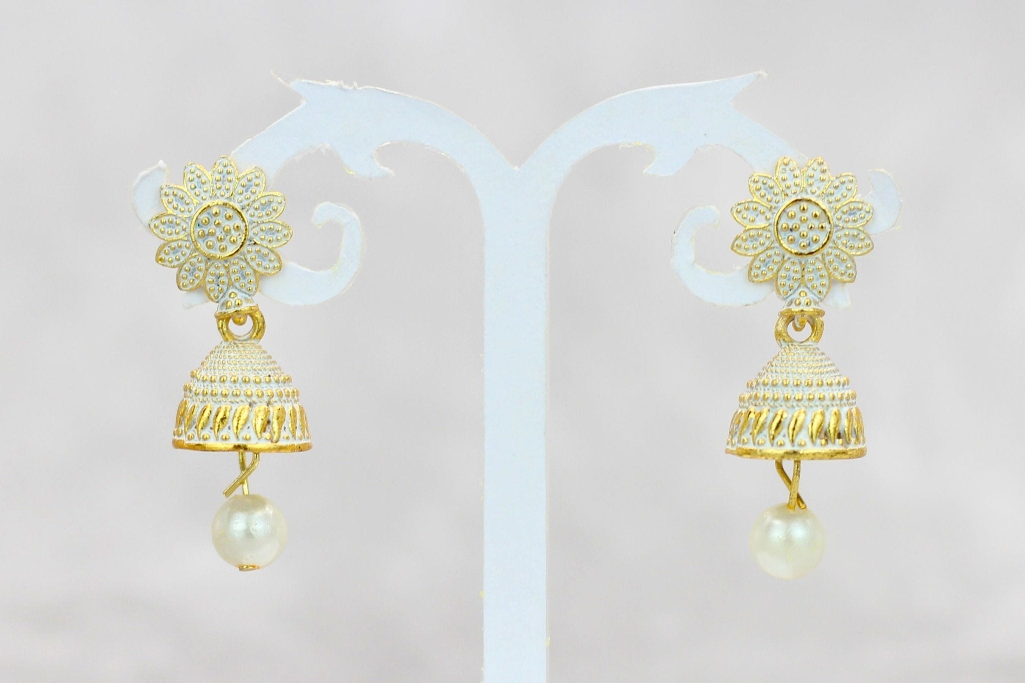 JCS Ethnic-Western Fusion Small Jhumkis: Radiant Gold-Plated Earrings Jewelry JCS Fashions White 1.3 inch