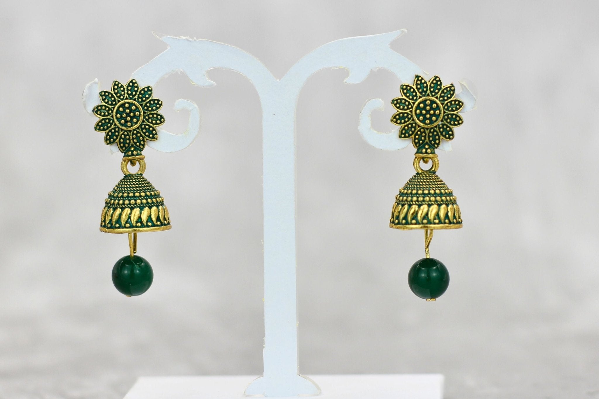 JCS Ethnic-Western Fusion Small Jhumkis: Radiant Gold-Plated Earrings Jewelry JCS Fashions Green 1.3 inch