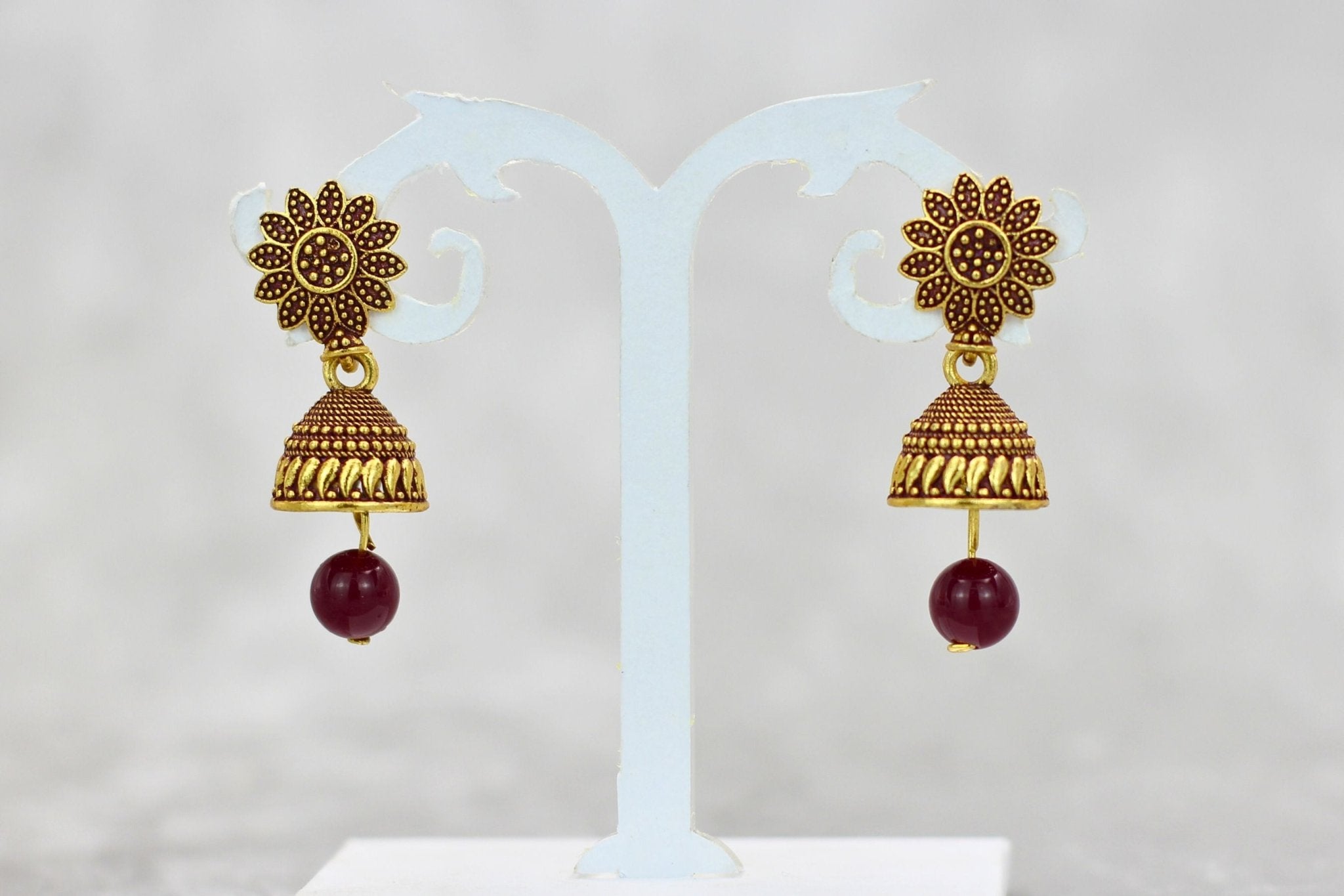 JCS Ethnic-Western Fusion Small Jhumkis: Radiant Gold-Plated Earrings Jewelry JCS Fashions Maroon 1.3 inch