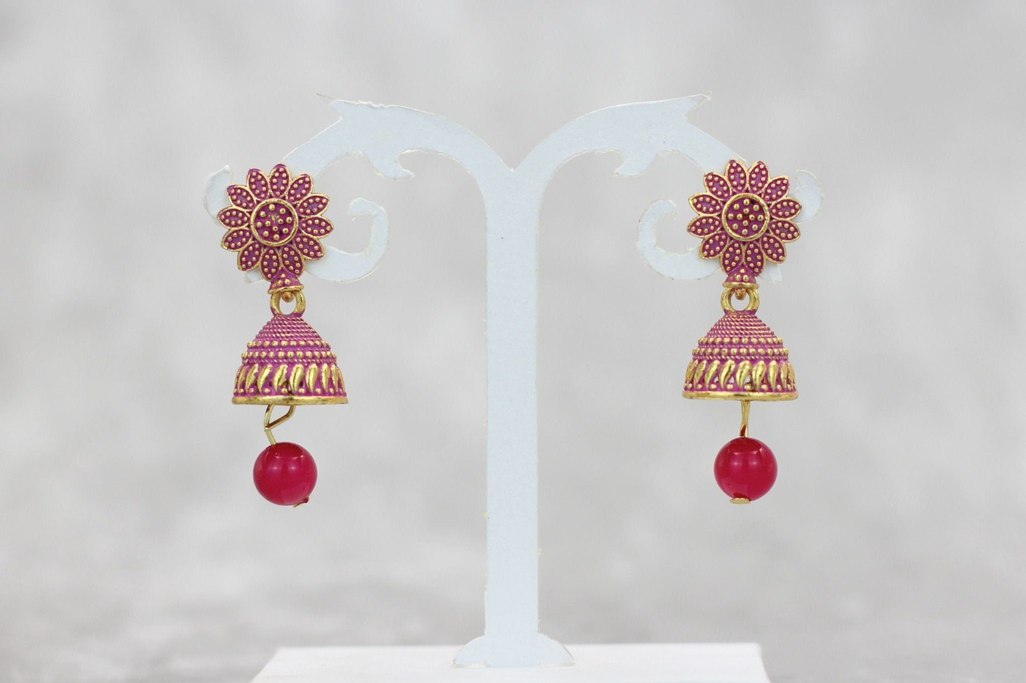 JCS Ethnic-Western Fusion Small Jhumkis: Radiant Gold-Plated Earrings Jewelry JCS Fashions Pink 1.3 inch