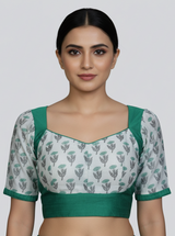 Green Cotton Designer Blouse - Back Open, Tassels