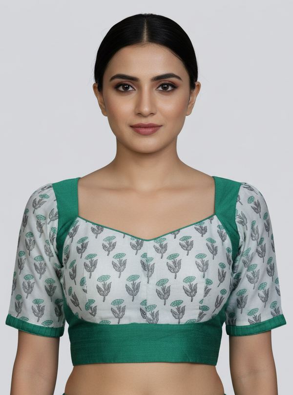 Green Cotton Designer Blouse - Back Open, Tassels
