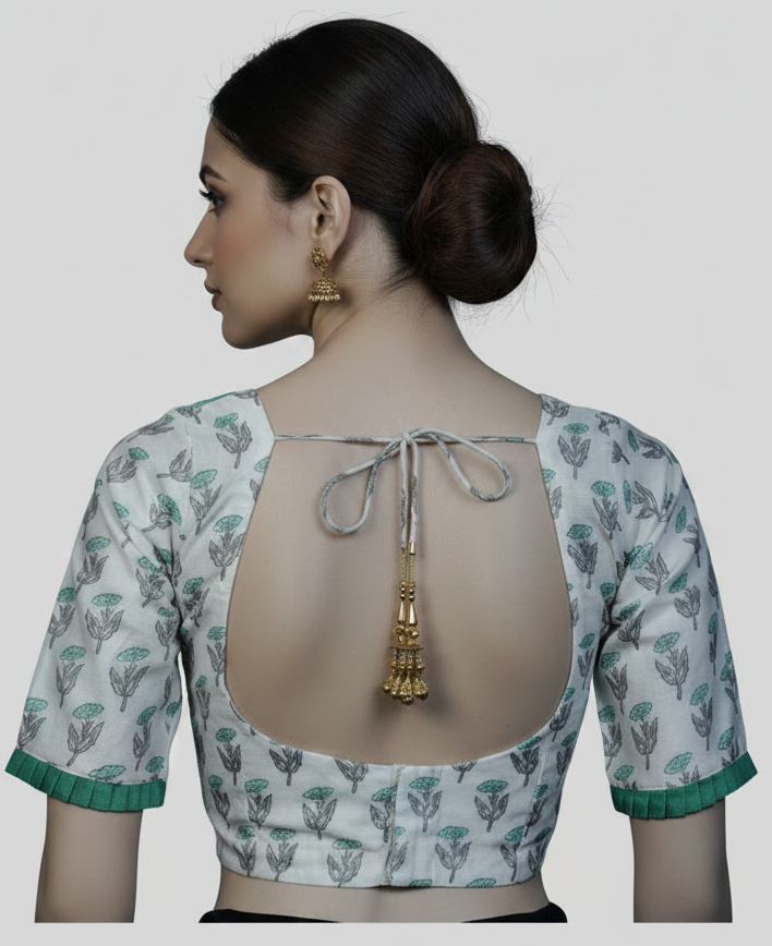 Green Cotton Designer Blouse - Back Open, Tassels