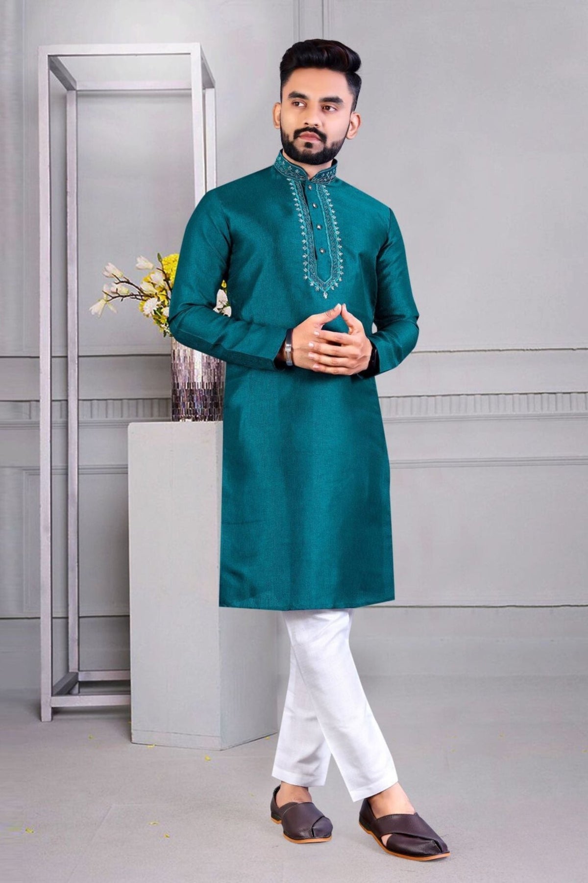 JCS Fashions Men's Traditional Corian Silk Kurtas with Resham Work Men JCS Fashions Teal M-Medium (38)