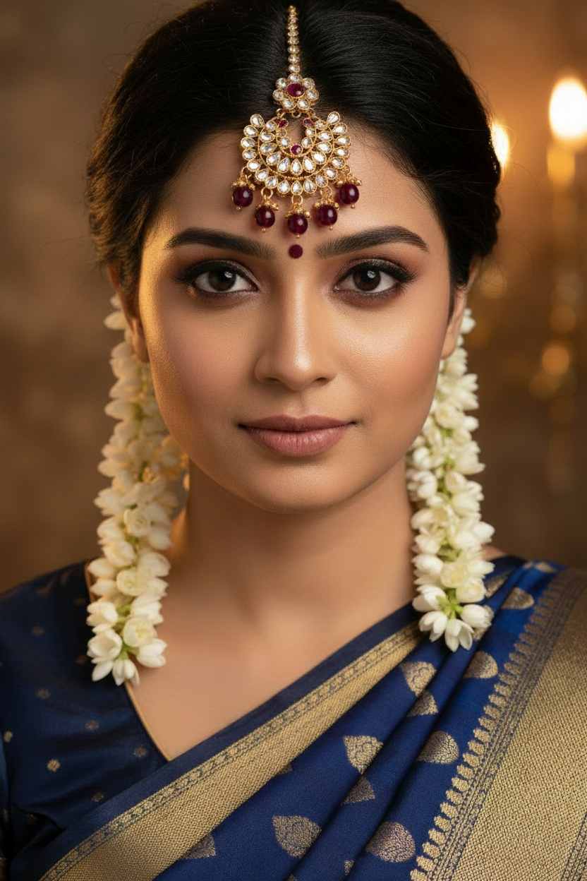 Gold-Polished Kundan Tikka with Elegantly Hanging Beads