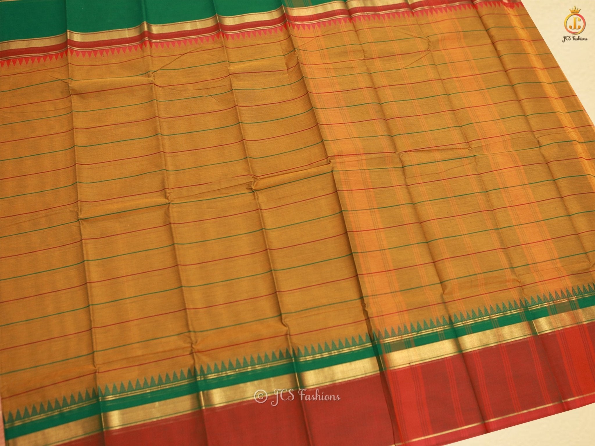 Kanchi Cotton Temple Design Saree with Thread Lines. Mustard Color SAREE JCS Fashions