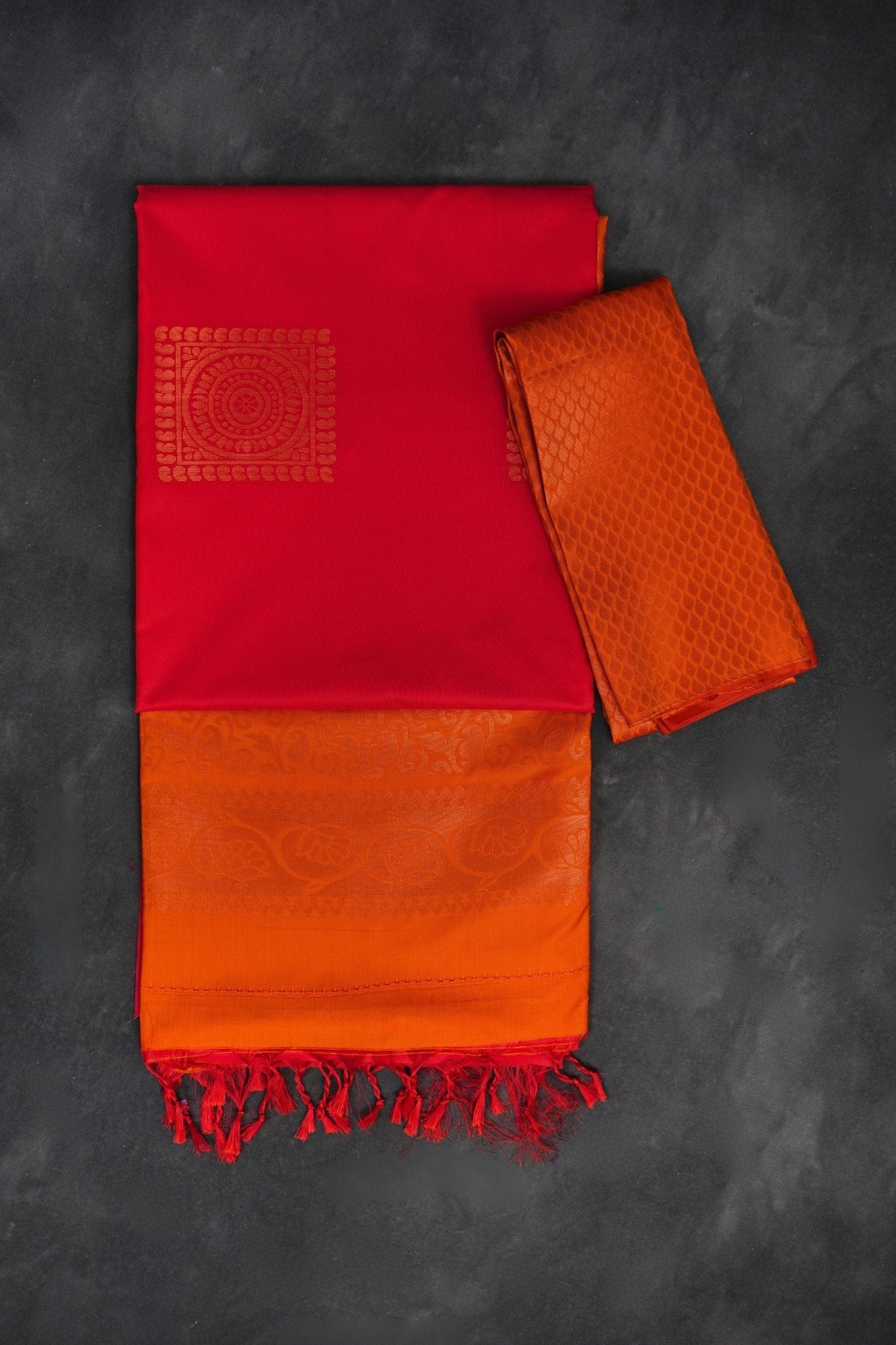 Kanchipuram Blended Silk Saree: Borderless Elegance for Timeless Style Saree JCS Fashions Orange 5.5 meters