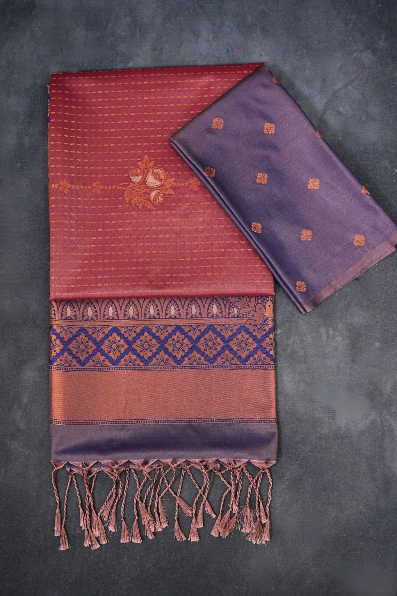 Kanchipuram Semi-Silk Saree with Copper Zari Detail - Elegant Indian Wear Saree JCS Fashions Brown 5.5 meters