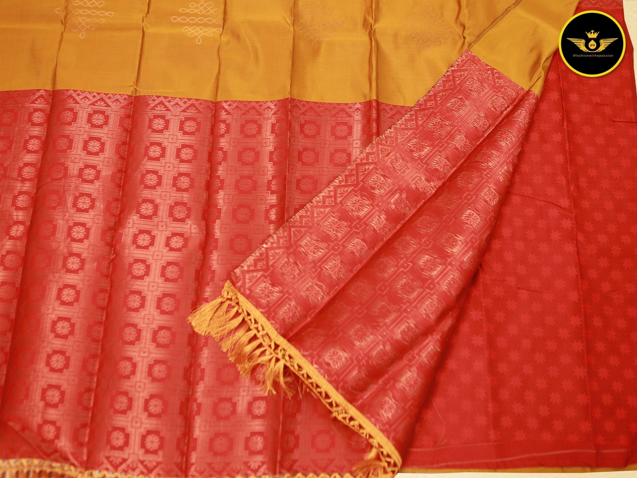 Kolam Design Rangoli Art Silk Saree: Stylish with Contrast Blouse Saree JCS Fashions