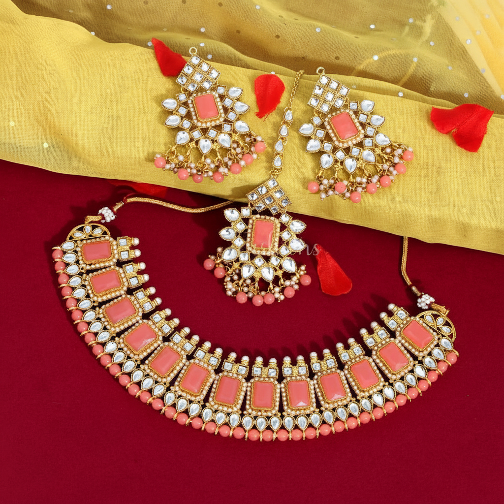 Kundan and immitation pearls Neck Set with earrings and tikka