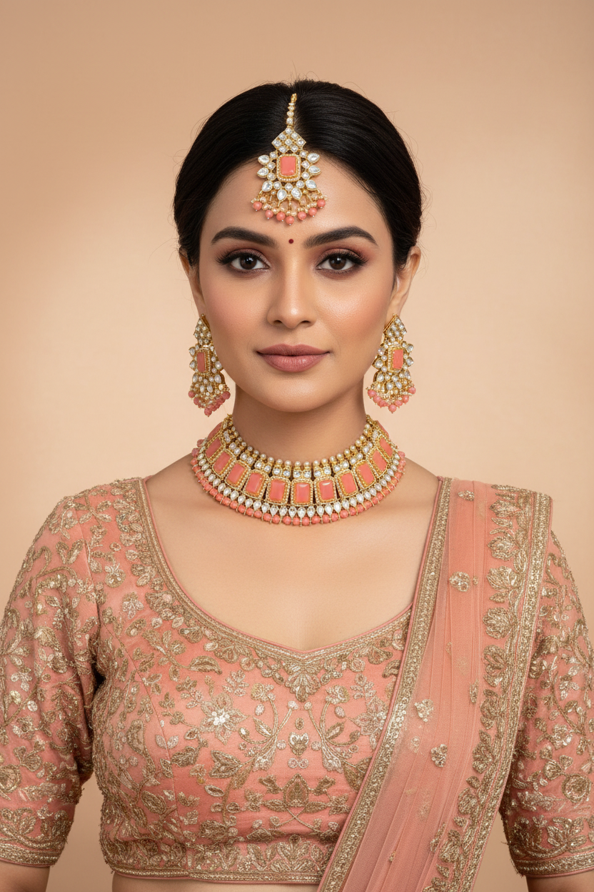 Kundan and immitation pearls Neck Set with earrings and tikka