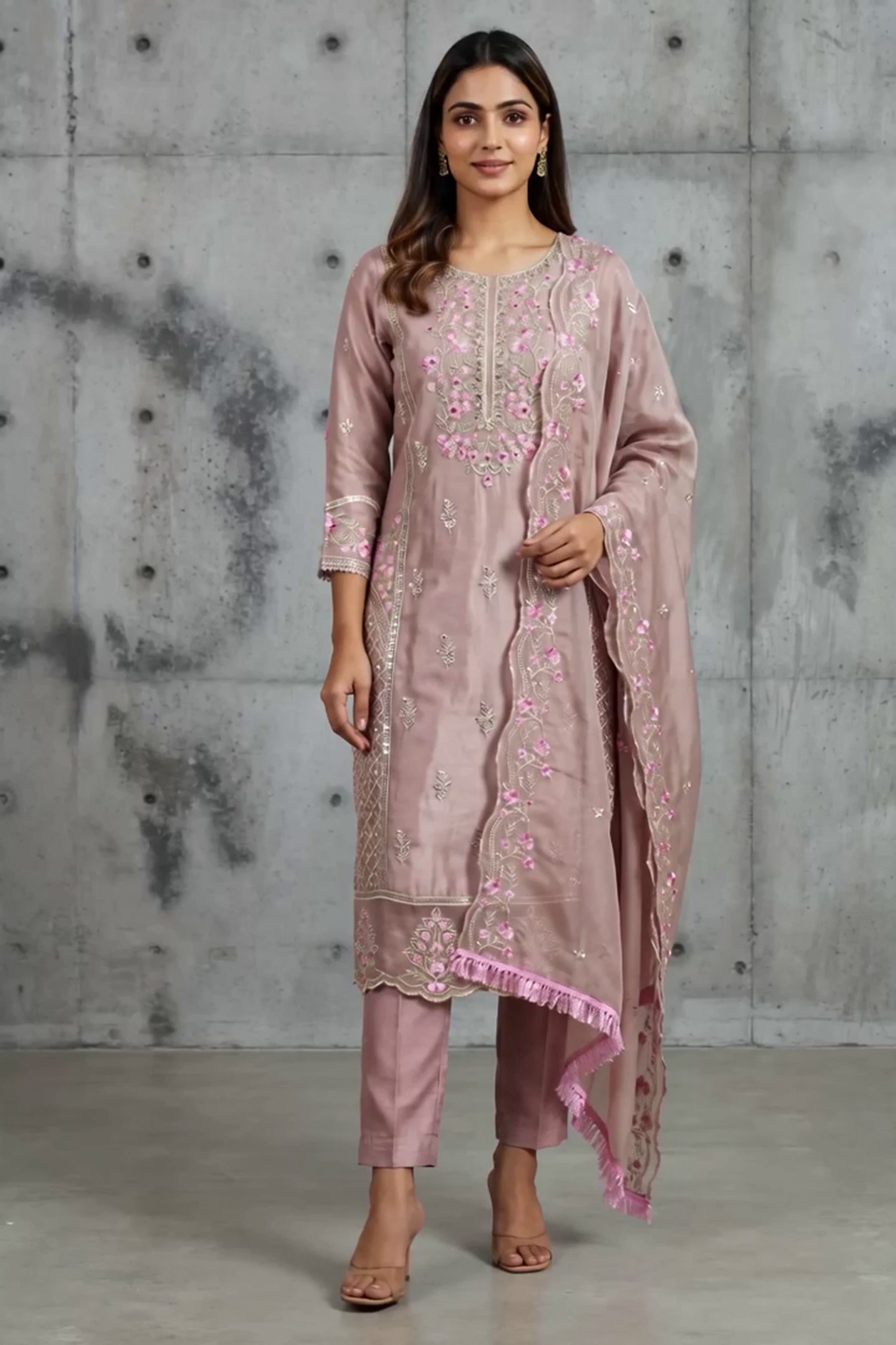 Peach Organza Khatli Work Kurti with Roman Silk Salwar and Border Dupatta – 3 Piece Salwar Set