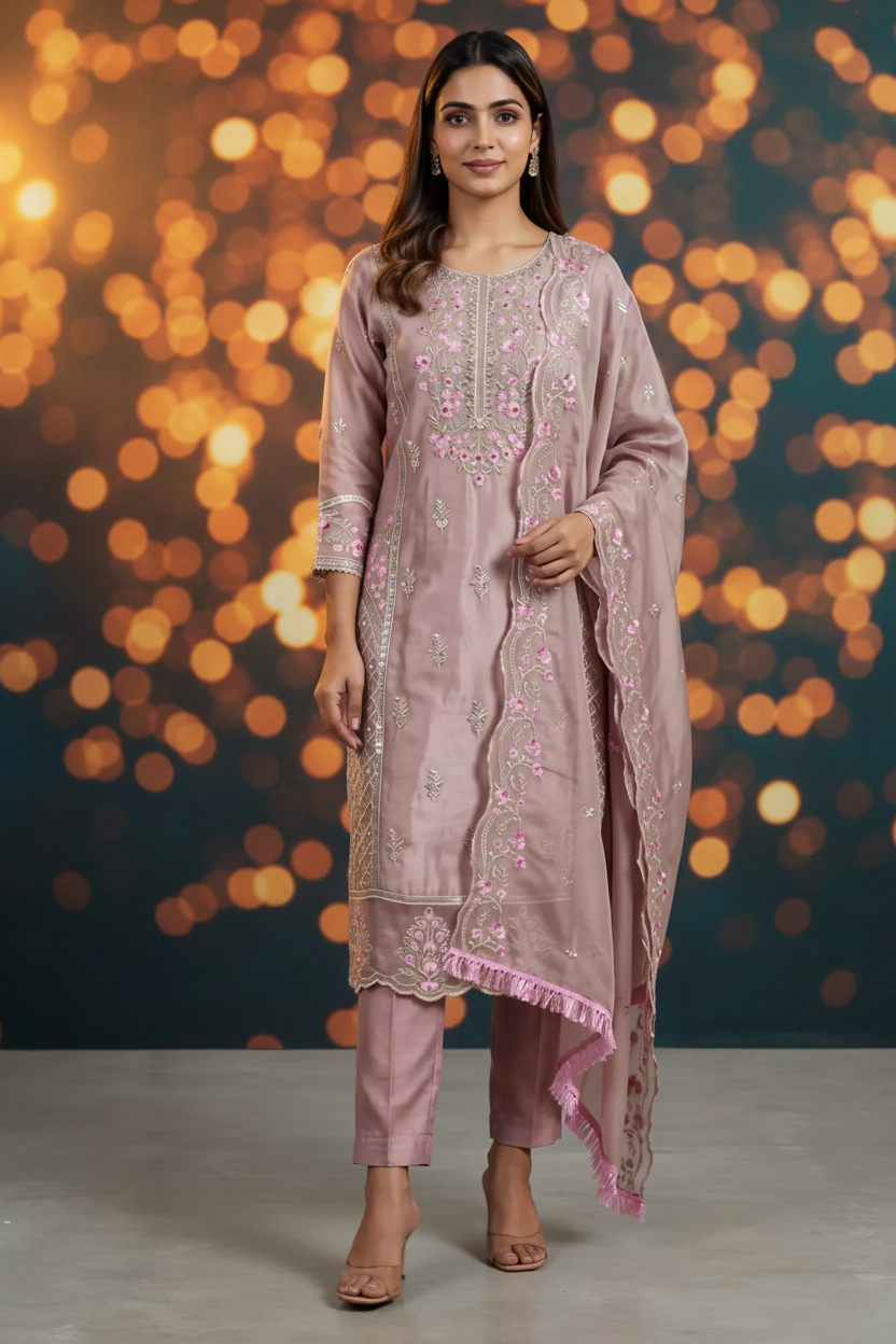 Peach Organza Khatli Work Kurti with Roman Silk Salwar and Border Dupatta – 3 Piece Salwar Set